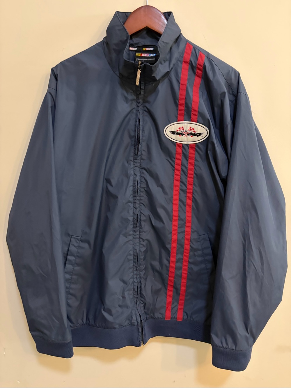 NASCAR Vintage Style Racing Windbreaker Jacket Navy Red Stripe Large